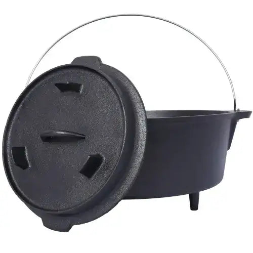 Black cast iron dutch oven with a matching lid and a silver wire handle.