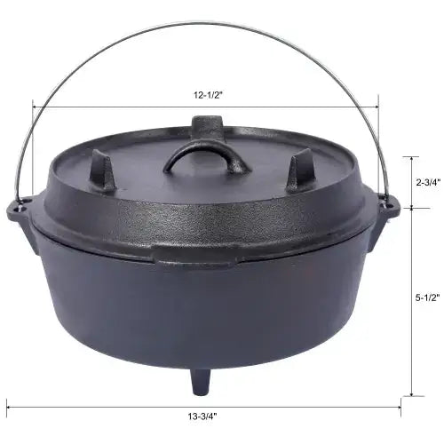 Black cast iron dutch oven with a sturdy handle and two side loops for easy carrying.