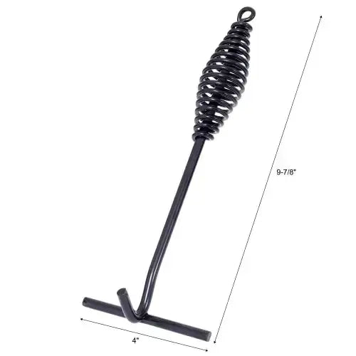Black metal grill tool with a coiled spring handle and t-shaped end.