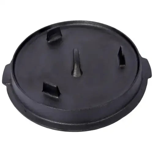 Black cast iron lid with three raised handles and a central knob.