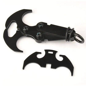 Black batman-themed multi-tool keychain with a sleek, metallic finish and integrated bottle opener design.