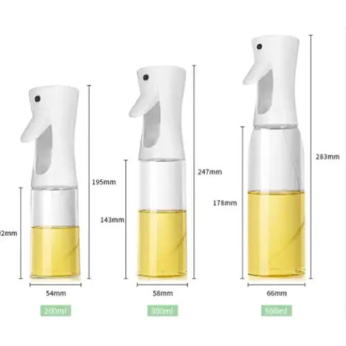 White plastic spray bottles with clear glass bodies, each holding a different volume of yellow liquid and featuring a trigger nozzle design.