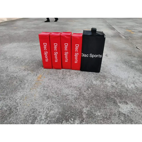 Four red and one black rectangular padded protective cases, each branded with ’disc sports’ in white lettering.