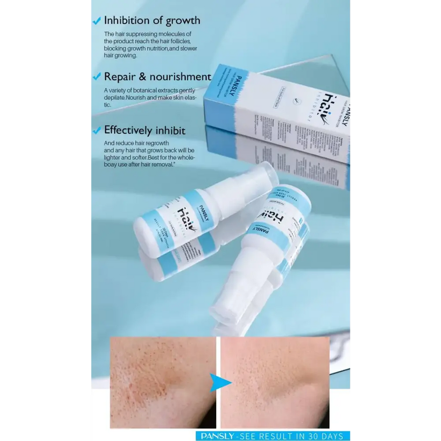 Pansly hair growth serum in white and light blue packaging with a spray nozzle.