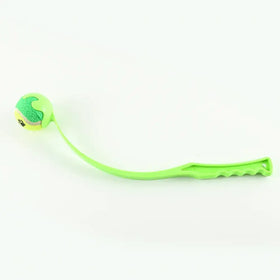 Bright green plastic cat toy with a textured ball and ergonomic handle.