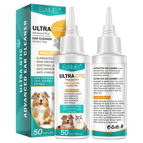 Elaine ultra-otic advanced plus alcohol-free ear cleaner in a white bottle with teal and yellow labeling, designed for dogs, cats, puppies, and kittens.