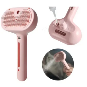 Pink electric pet grooming brush with a detachable nozzle and adjustable settings for brushing, detangling, or steam cleaning.