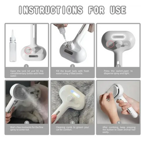 White electric pet grooming comb with a spray function and led light.