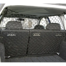 Black hexagonal mesh cargo net installed across the rear of a vehicle.