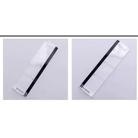 Clear plastic wallet with black zipper and white text on the side.