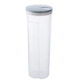 Clear plastic storage container with a gray lid featuring a small triangular opening.