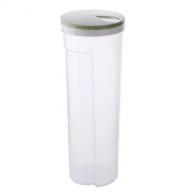 Clear plastic storage container with a light gray lid featuring a small handle cutout.