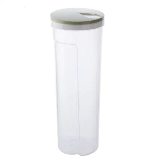 Clear plastic storage container with a light gray lid featuring a small handle cutout.
