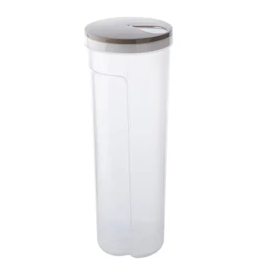 Clear plastic storage container with a gray lid featuring a small handle.