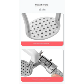 White plastic potato masher with a perforated mesh surface and thick, durable design.