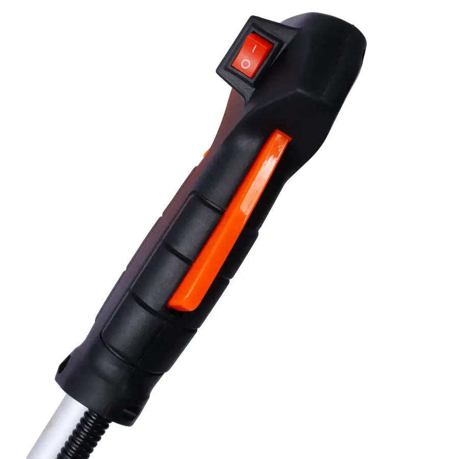 Black and orange ergonomic handle with a red power switch, likely from a professional-grade tool.