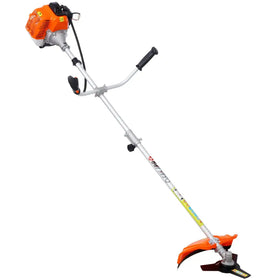 Orange and silver gas-powered brush cutter with black handles.