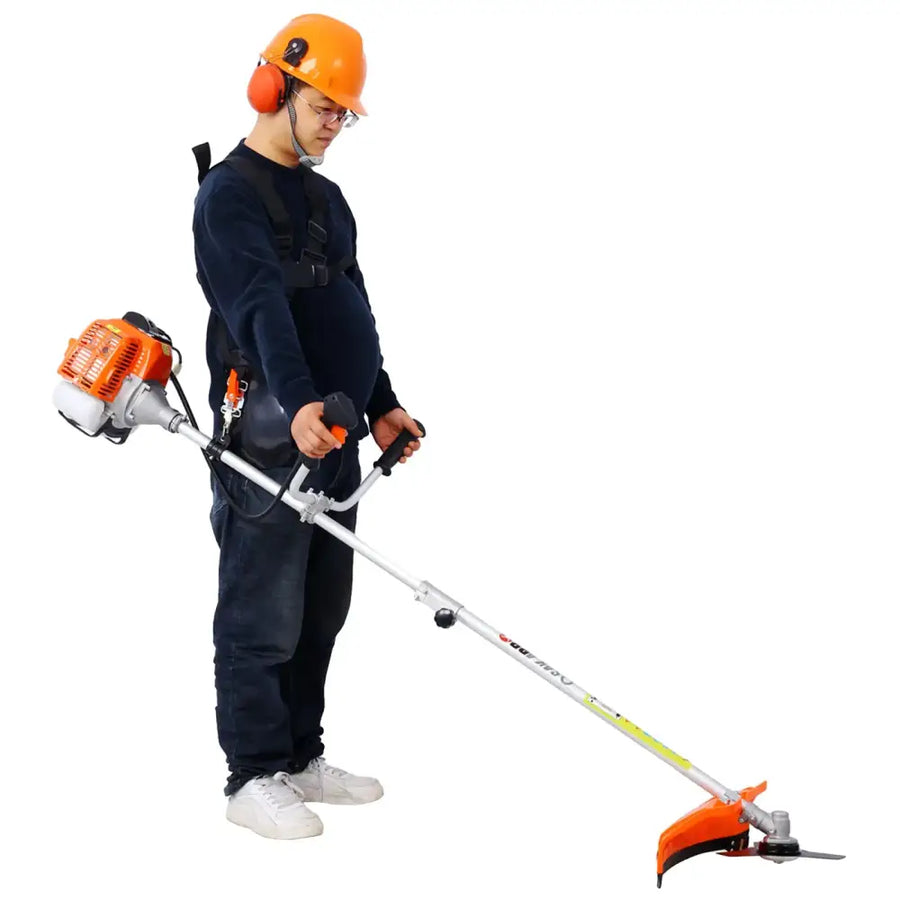 Orange and silver gas-powered string trimmer with a long handle and cutting head