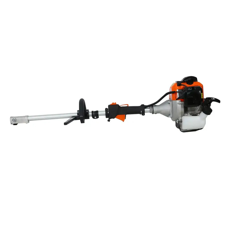 Orange and black gas-powered brush cutter with a silver metal shaft.