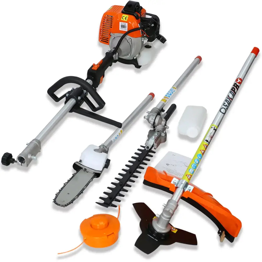 Orange and black gas-powered multi-tool garden trimmer set with interchangeable attachments.