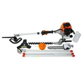 Orange and black gasoline-powered multi-tool garden trimmer with interchangeable attachments including a hedge cutter, chainsaw blade, and pruning tool.