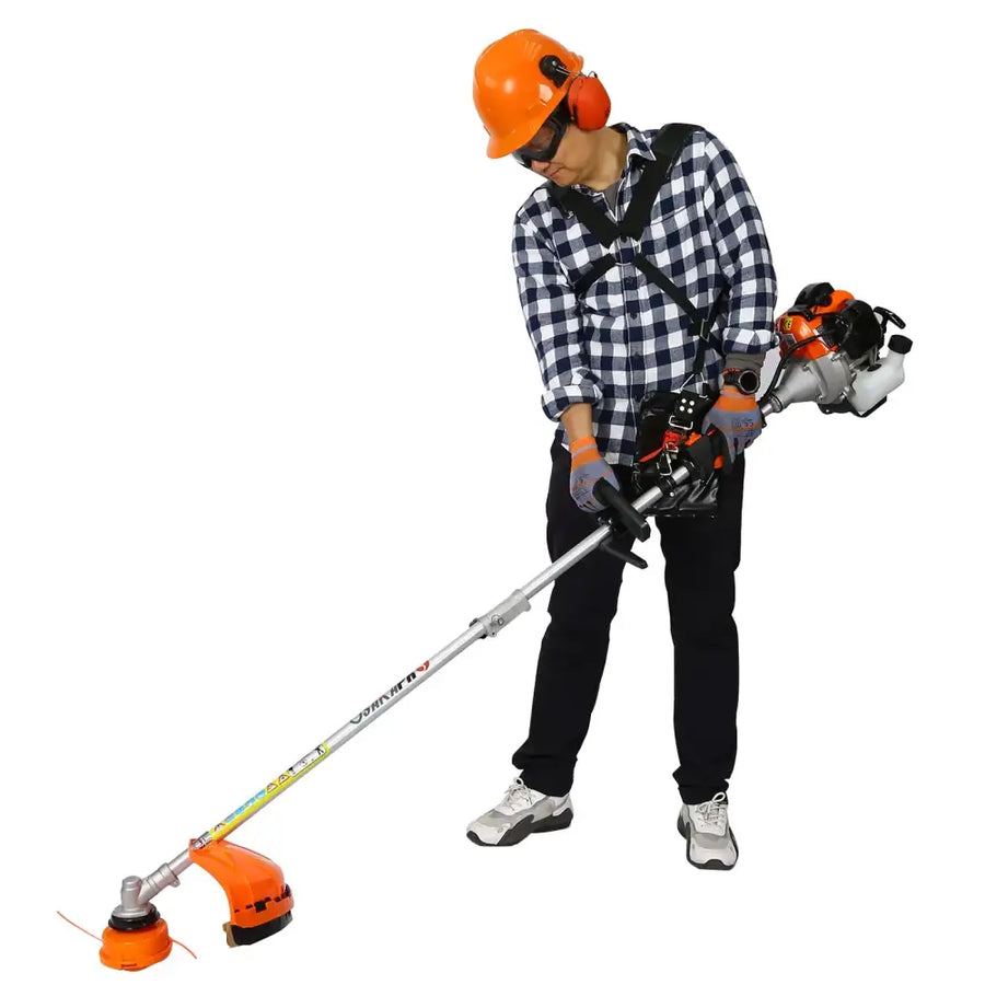 Orange and silver gasoline-powered string trimmer with a long handle and visible engine components.