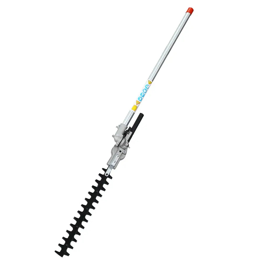 Silver and black hedge trimmer attachment with a long, slender shaft ending in an orange cap.