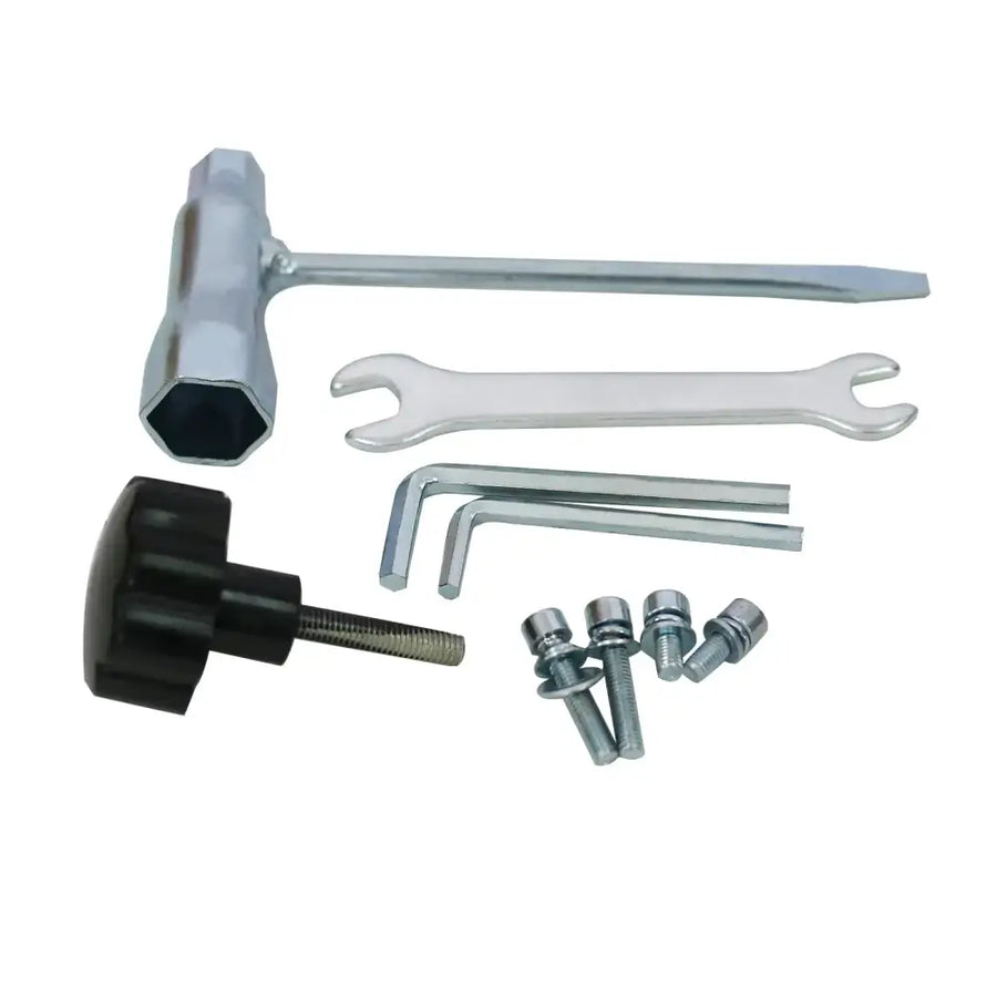 Silver hex key wrench with black plastic handle and matching metal screwdriver, alongside a set of allen keys and screws.