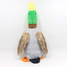 Plush mallard duck toy with green head, yellow beak, brown neck, gray body, and orange feet.