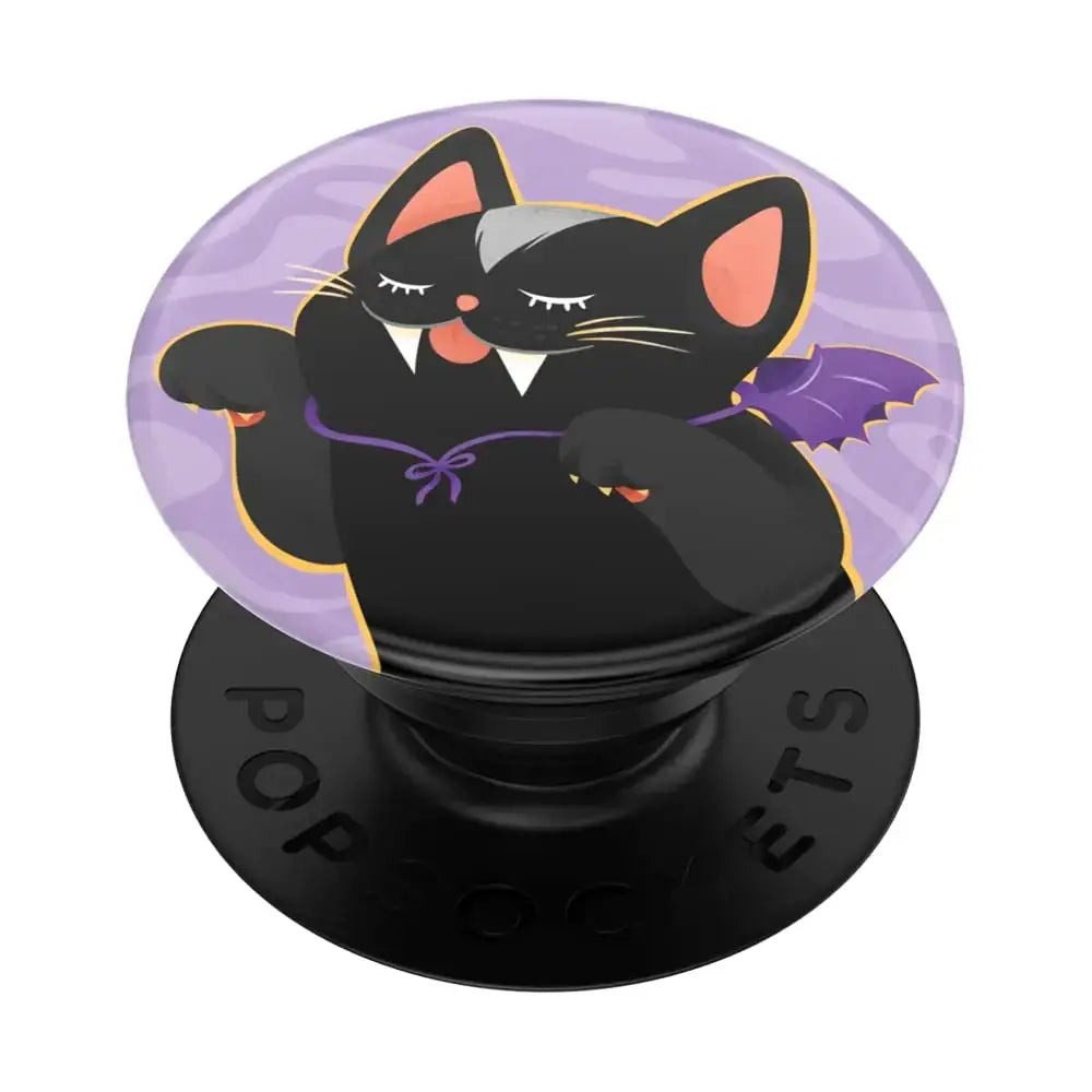 Black cat-themed popsockets phone grip with purple bat wings and lavender background.