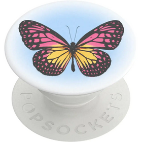 White popsockets phone grip featuring a vibrant pink and yellow butterfly with black outlines against a light blue gradient background.