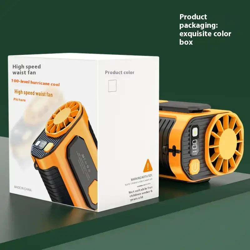 Bright orange and black high-speed waist fan with a rugged, portable design.