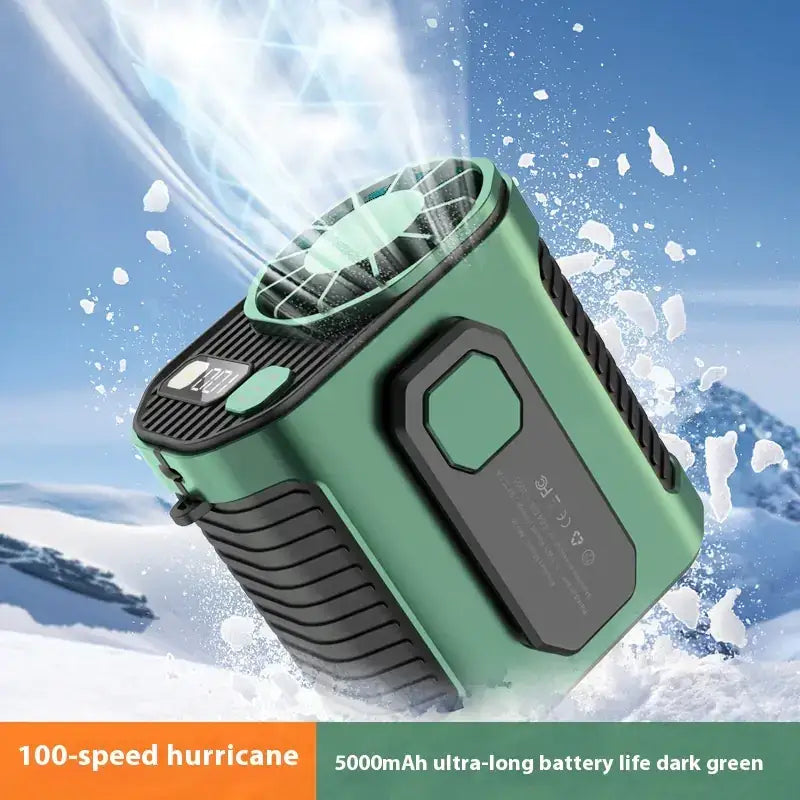 Dark green portable cooler fan with black textured grips and a digital display.