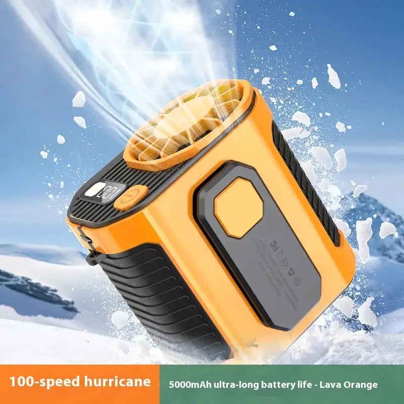 Lava orange portable cooler fan with black textured grips and a digital display.