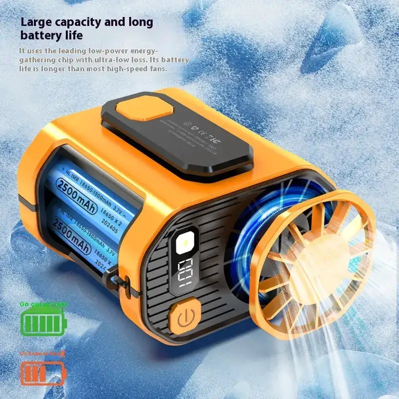 Orange and black portable cooling fan with a digital display, battery indicators, and an integrated power bank.