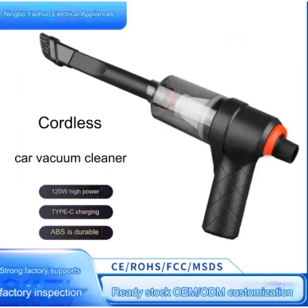 Black cordless car vacuum cleaner with a transparent dust collection chamber and an orange accent ring.