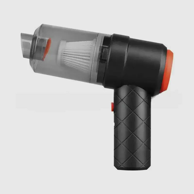 Black and orange handheld vacuum cleaner with a transparent dust collection chamber.