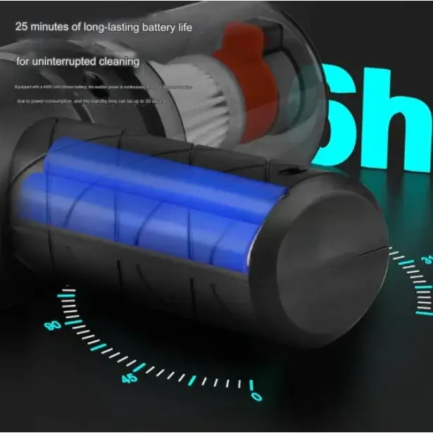 A sleek, cylindrical handheld vacuum cleaner with a transparent body revealing blue internal batteries and an orange motor housing.