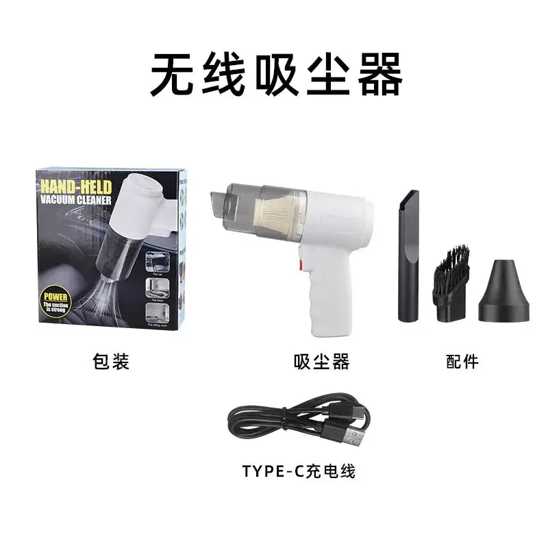 White handheld wireless vacuum cleaner with a transparent dust collection chamber and black attachments.