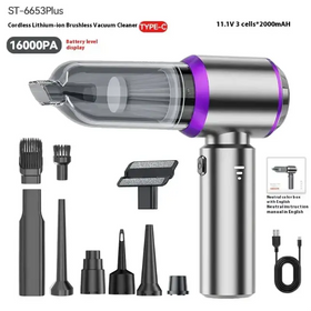 Silver and purple cordless lithium-ion brushless vacuum cleaner with transparent dust collection chamber.
