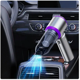 A sleek silver and purple handheld car vacuum with a transparent dust collection chamber.