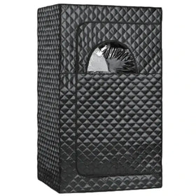 Black quilted fabric sauna tent with a semi-circular window.