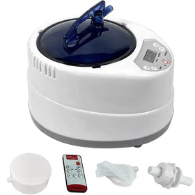 White and gray steam cleaner with a blue translucent lid, digital control panel, and included remote.