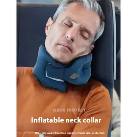 Blue inflatable neck collar with white logo