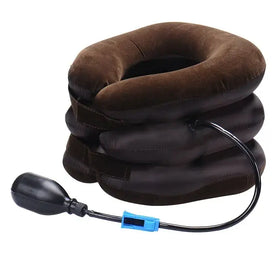 Brown inflatable cervical collar with three stacked cushioned sections and a black pump attached by a flexible hose.