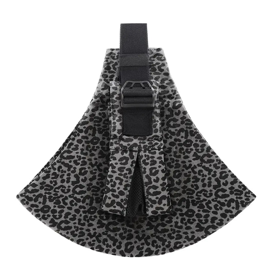 Black and gray leopard-print fabric pouch with a black adjustable strap and buckle.