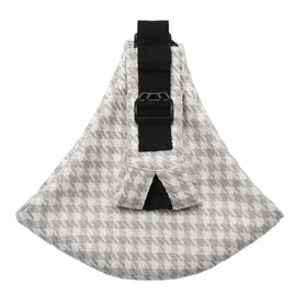 Gray and white houndstooth patterned pet carrier with black adjustable strap.