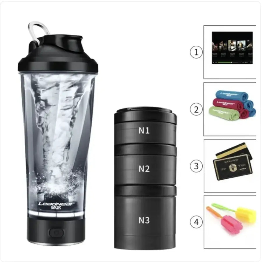 Black and transparent shaker bottle with a built-in blender mechanism, featuring the brand name ’lebongeaf’ on its base.