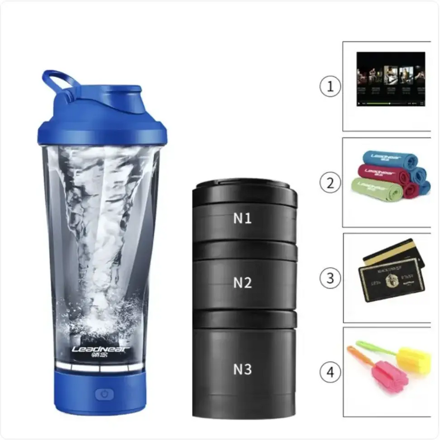 Blue plastic shaker bottle with transparent body and swirling liquid inside, featuring a blue lid and base.