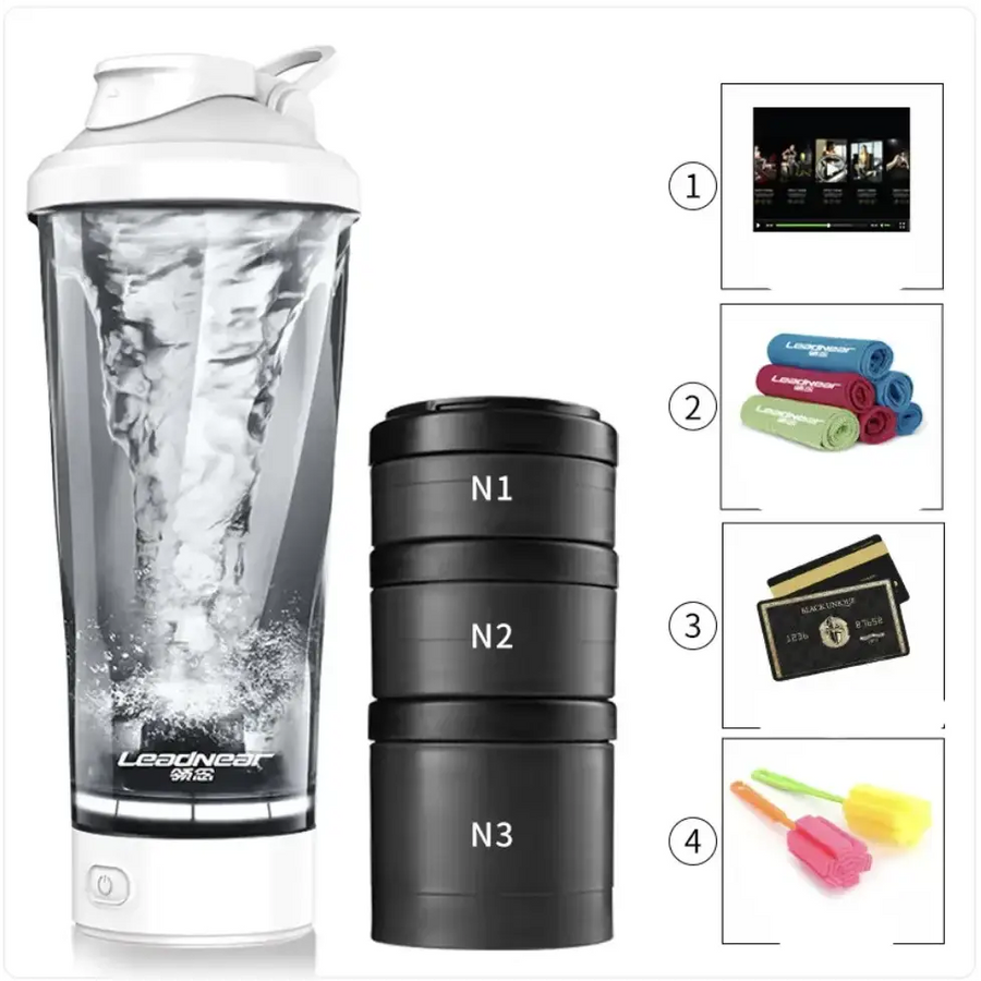 White and transparent shaker bottle with a white lid, featuring the ’leadneat’ brand name on its base.